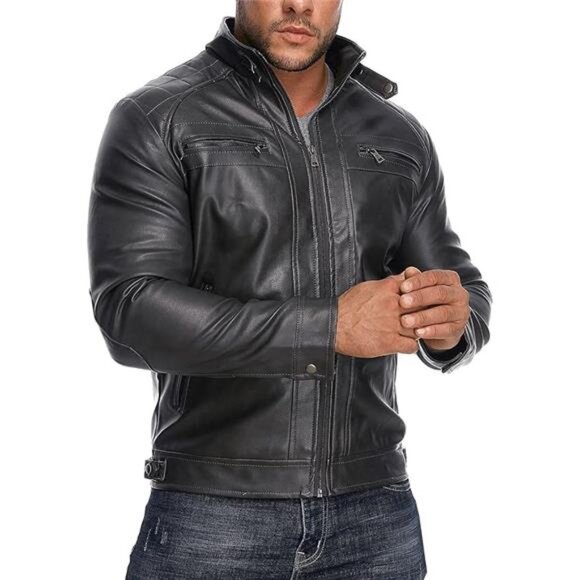Men’s Stand Collar Leather Jacket Casual Faux Leather Motorcycle - Picture 7 of 7